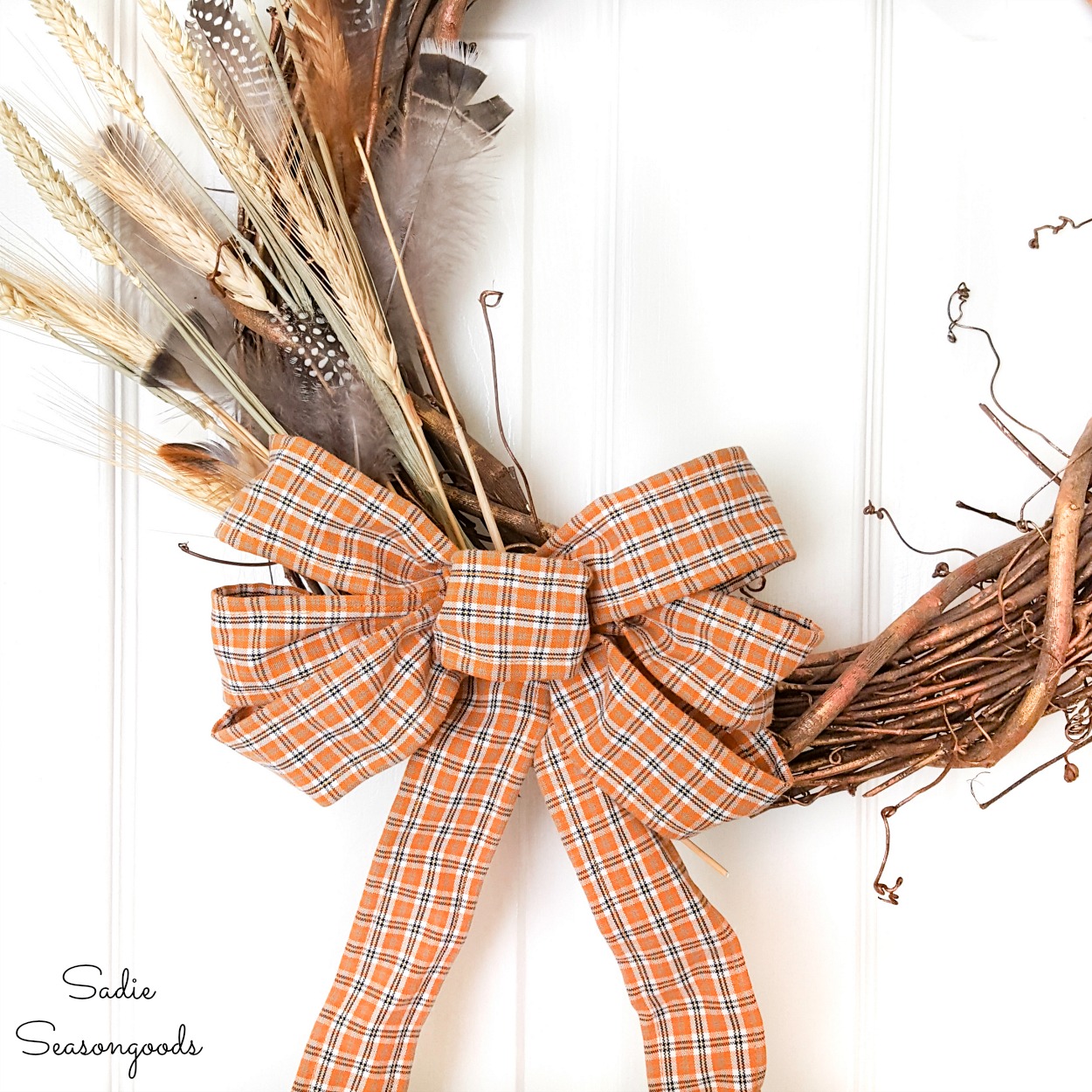 Plaid ribbon from upcycled clothing for a harvest wreath