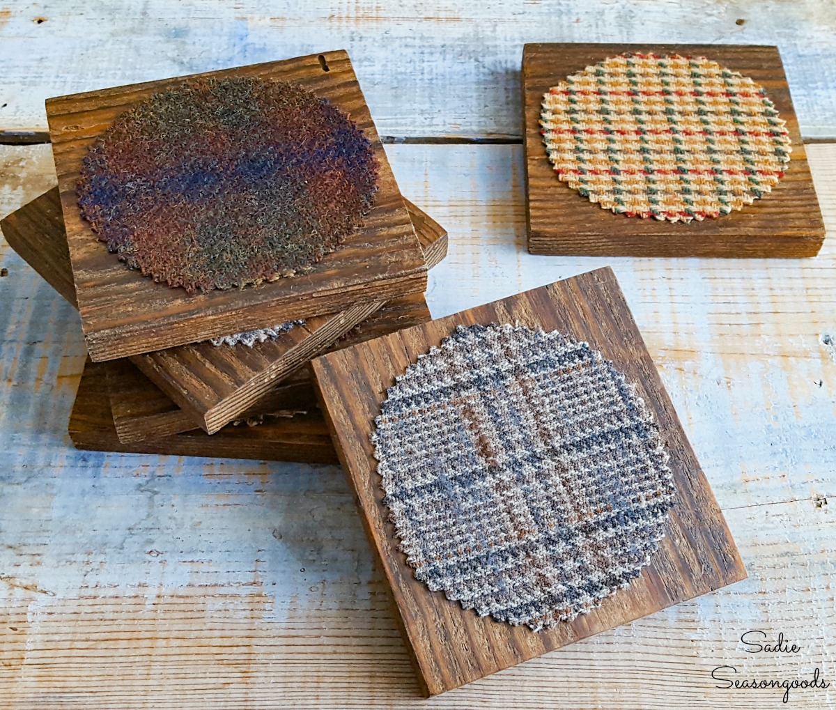 Upcycling a tweed sport coat for a wooden coaster set