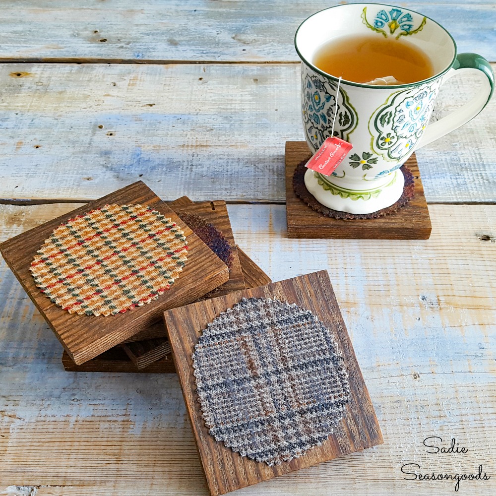 Wooden Coaster Set with Wool Tweed Fabric