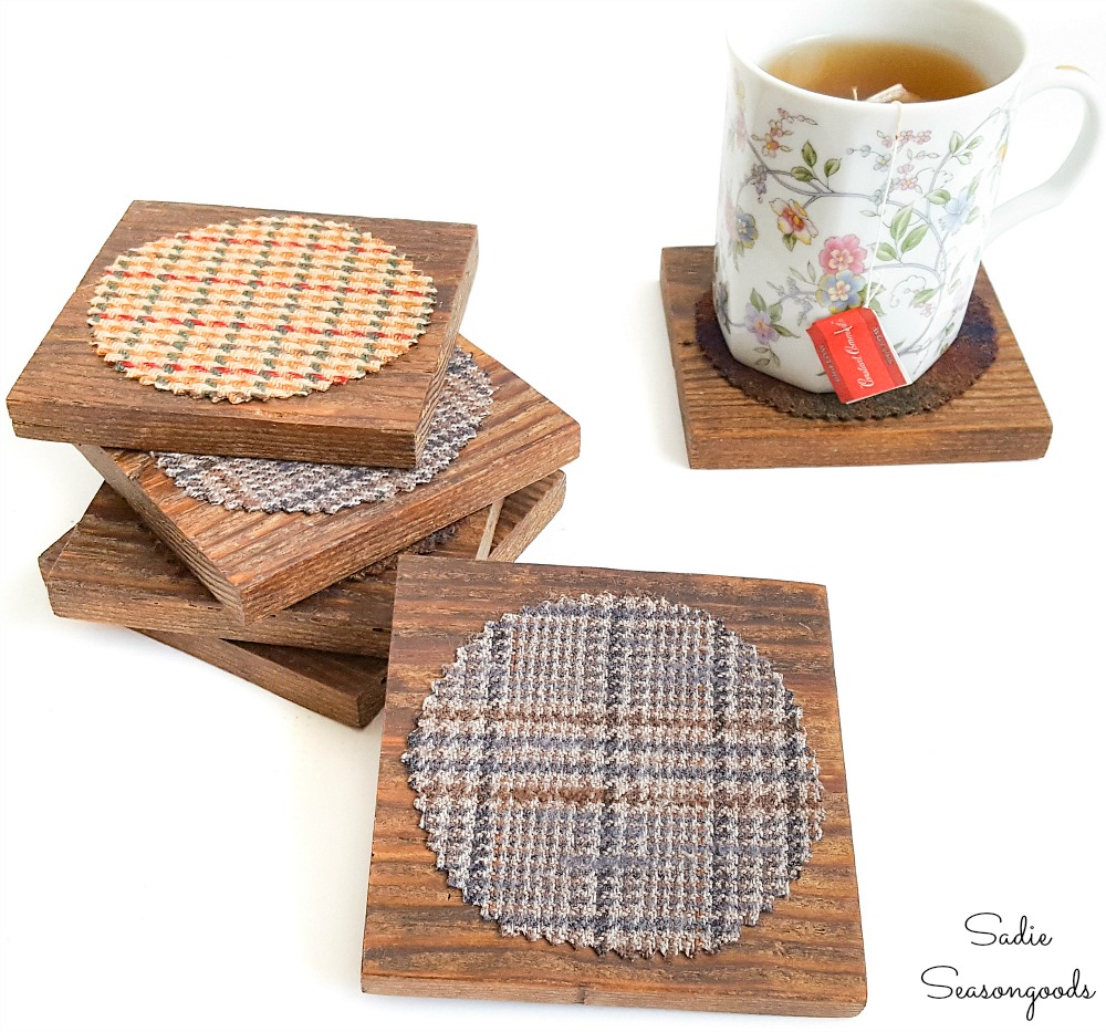 Wooden drink coasters from a recycled coat and salvaged lumber