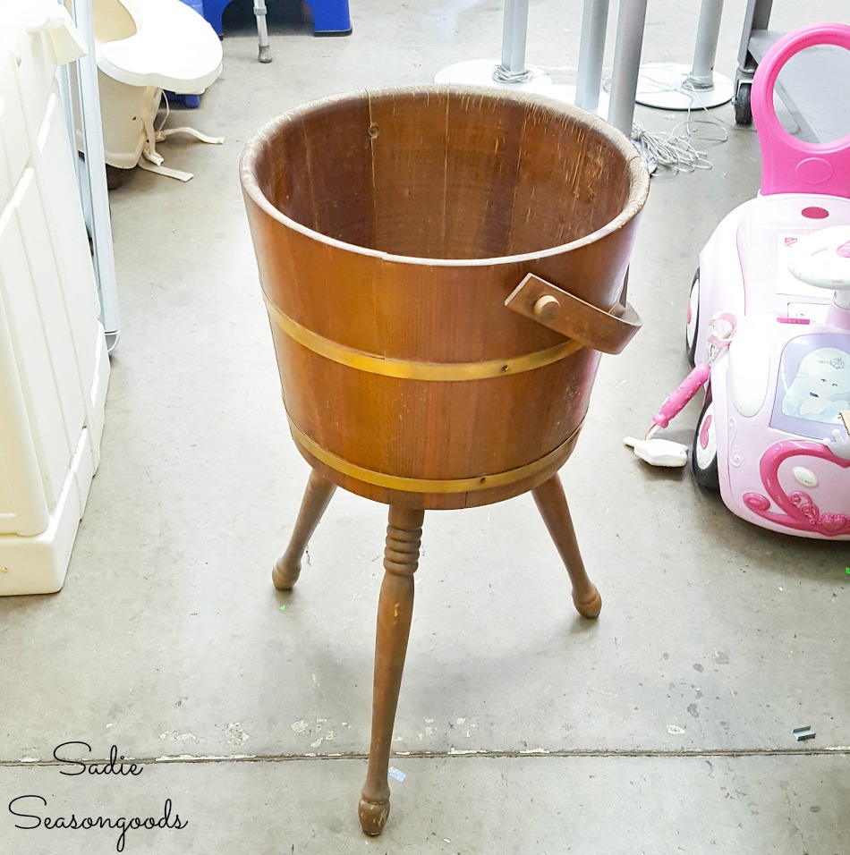 Sewing bucket or sewing firkin at a thrift store