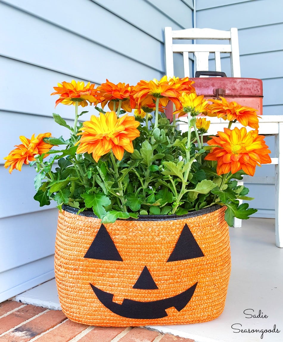 Jack o lantern planter for a Halloween porch