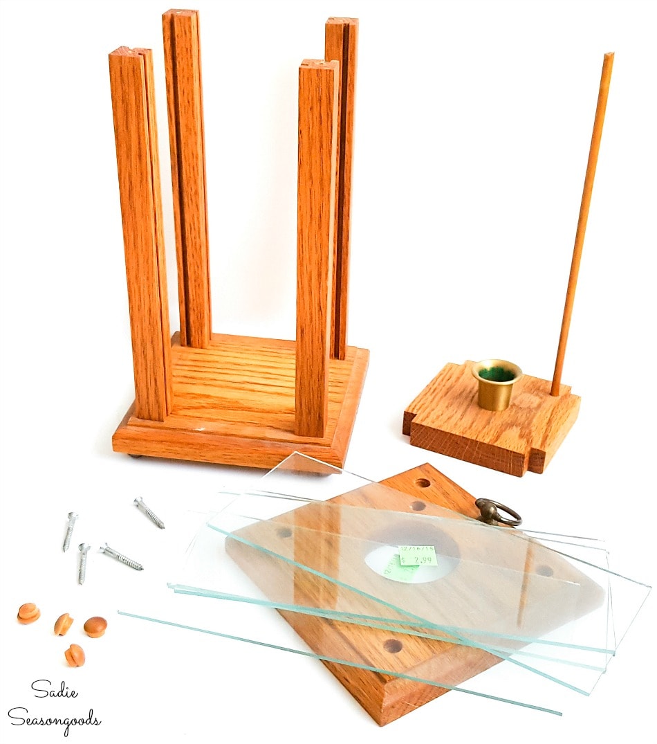 Parts of a wood hurricane lantern for cleaning and painting