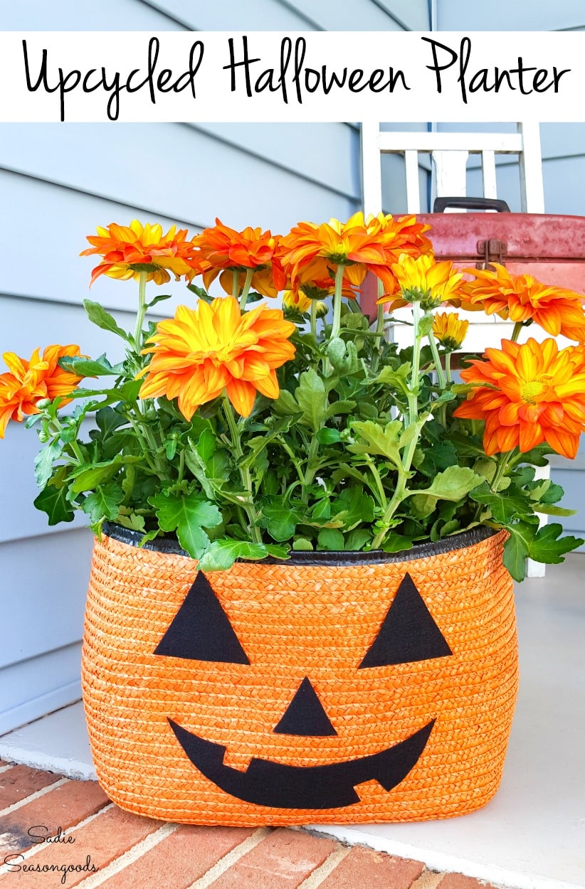 Repurposing a straw tote as a Halloween planter