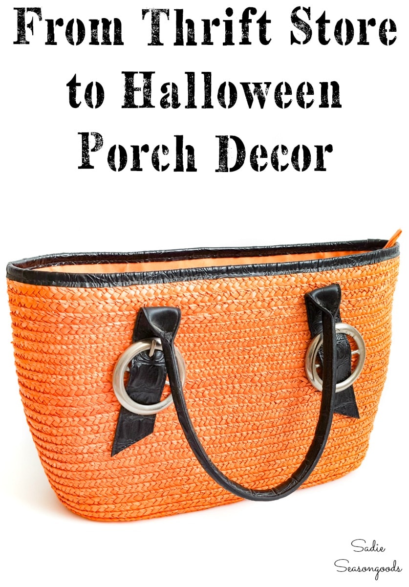 Straw tote from Goodwill as Halloween porch decorations