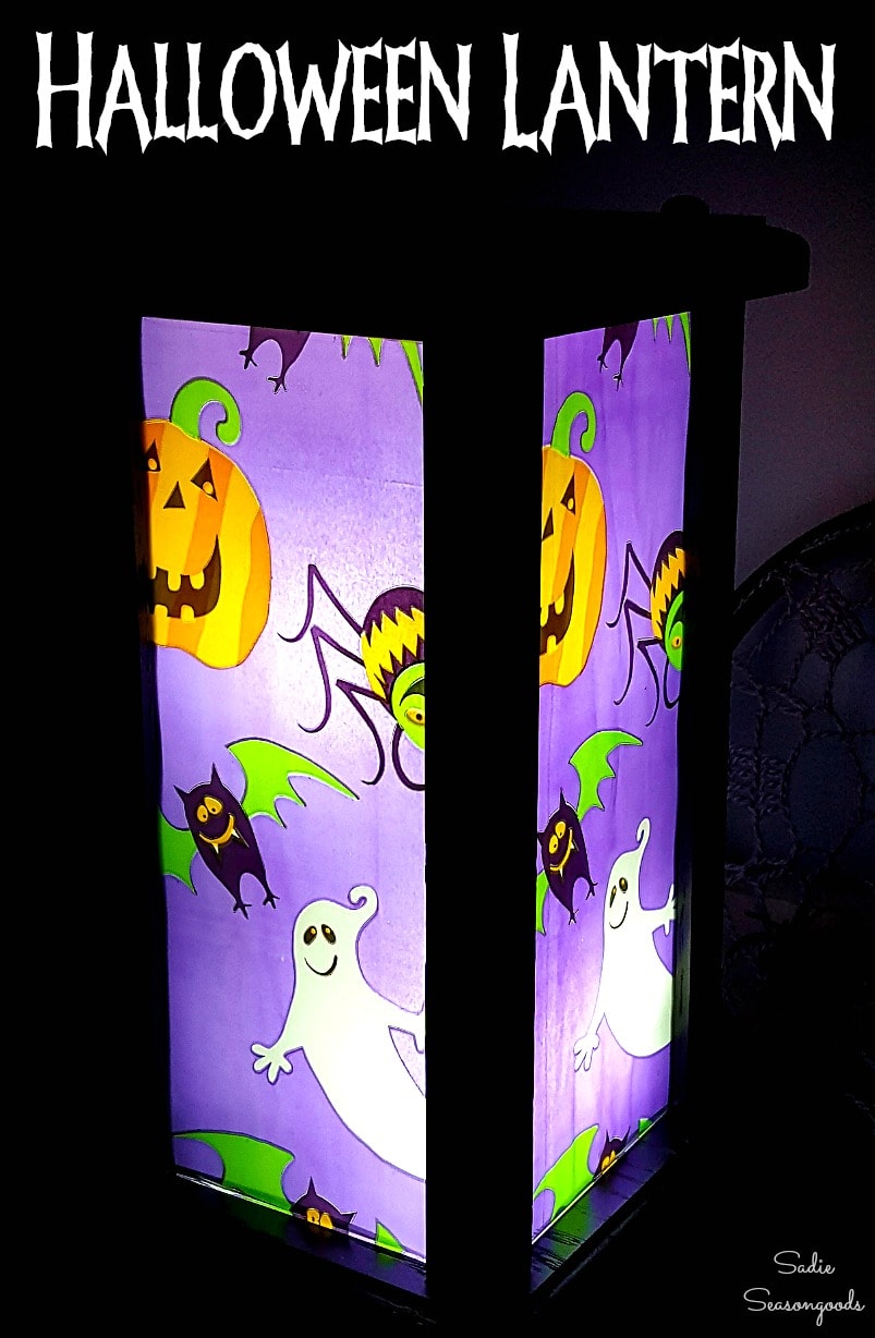 Wooden hurricane lantern as light up Halloween decor