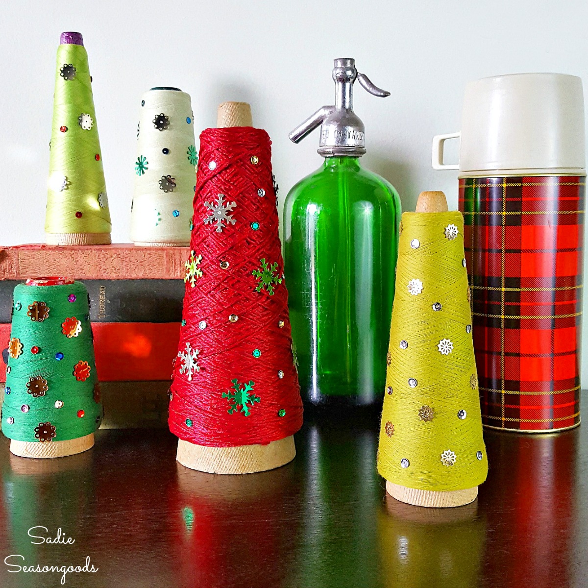 Cone Christmas Trees with Serger Thread and Vintage Sequins