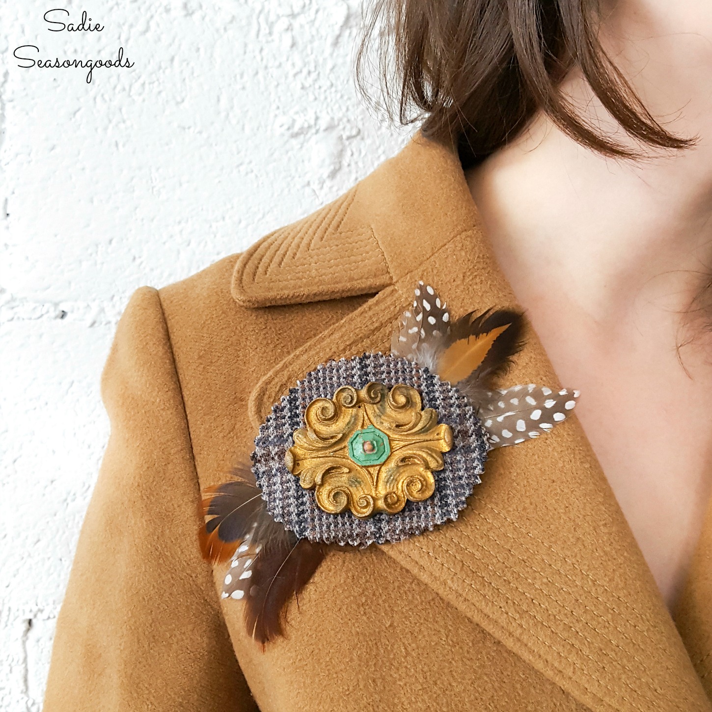 Statement Brooches with Wood Medallions and Tweed