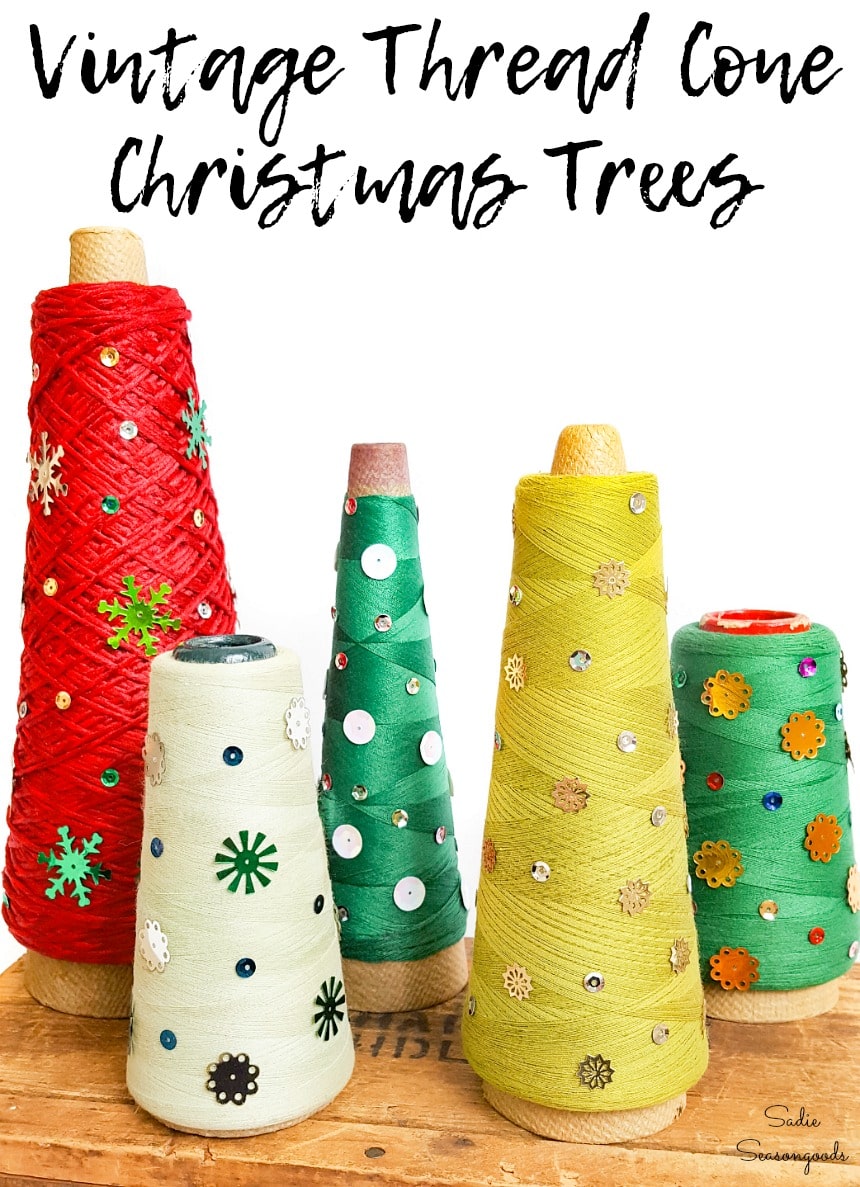 Christmas craft project with serger thread cones and vintage sequins