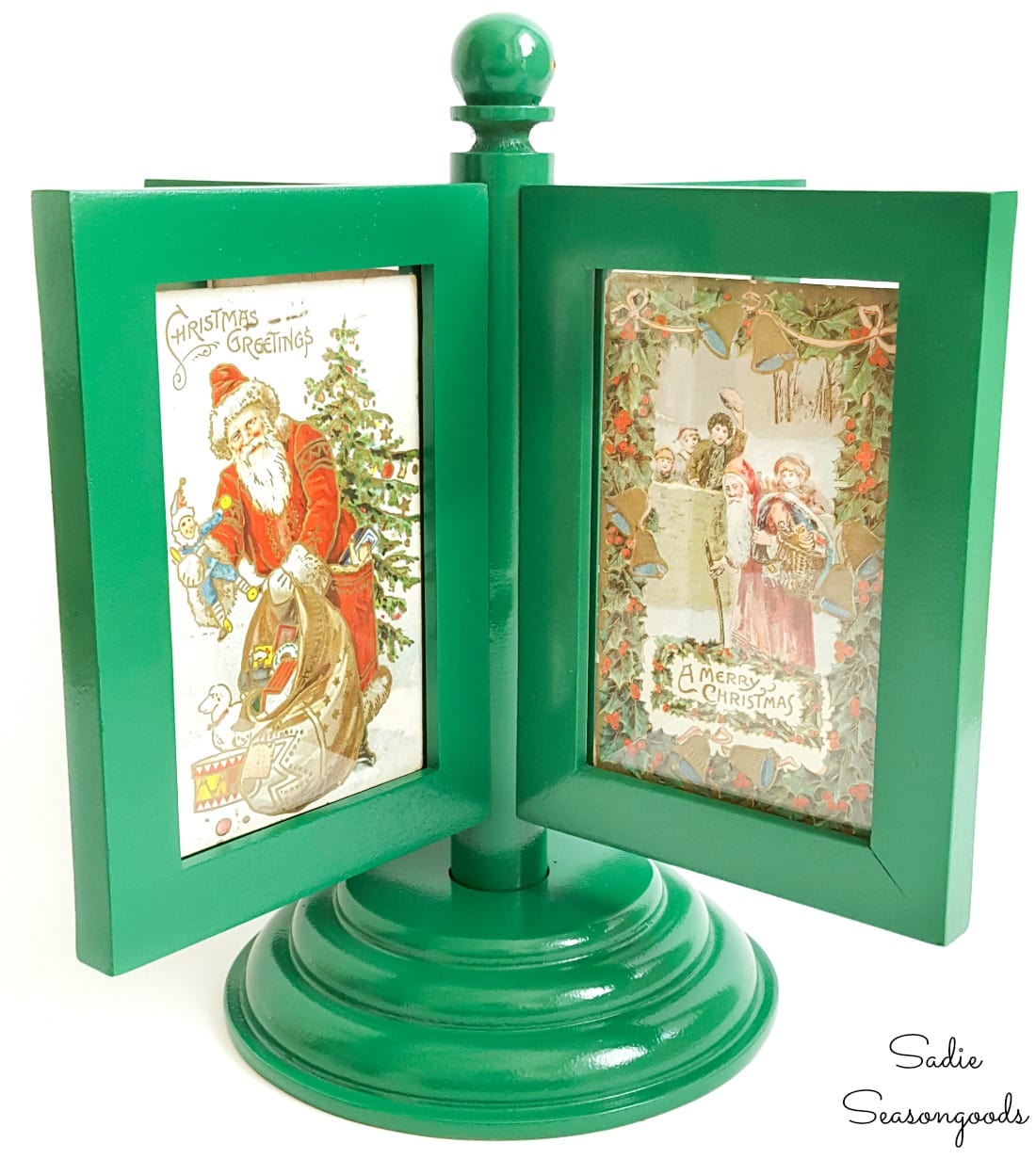 Displaying vintage Christmas postcards for old fashioned Christmas Decor