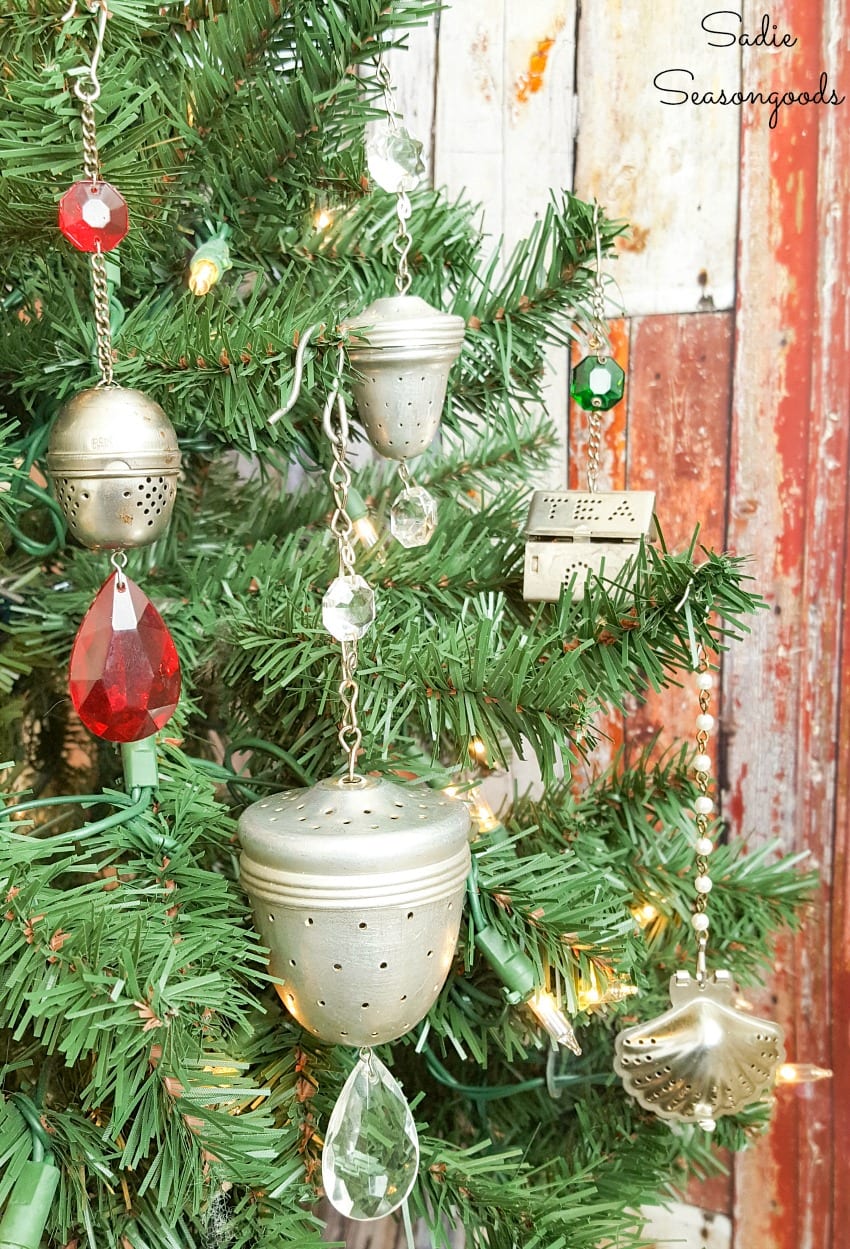 Vintage tea strainers as Christmas ornaments on a tree