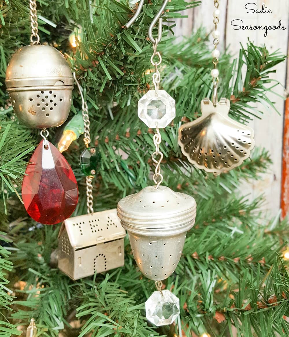 Vintage tea strainers as Christmas ornaments with chandelier crystals