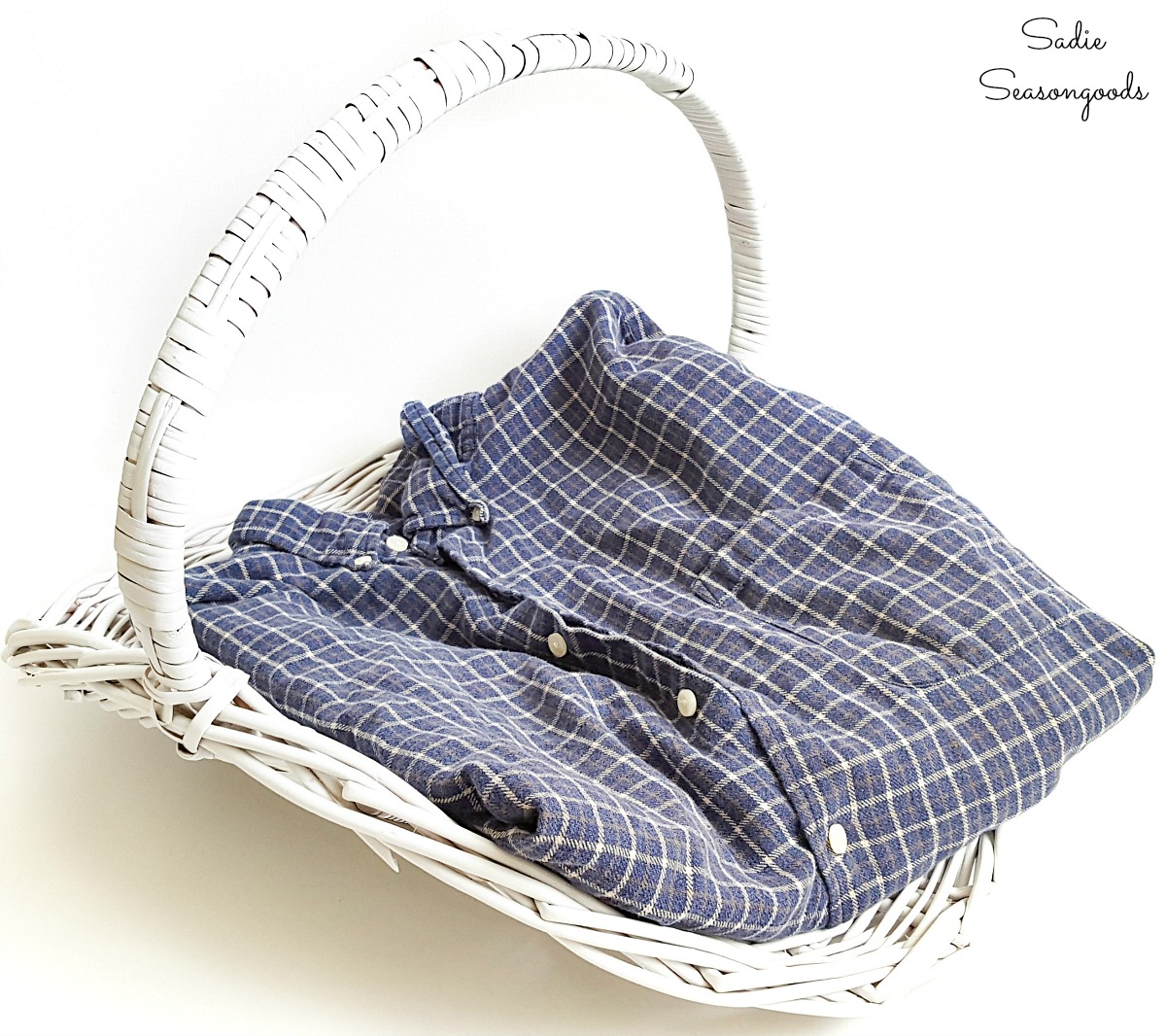 Using a flannel shirt to upcycle a fireplace basket