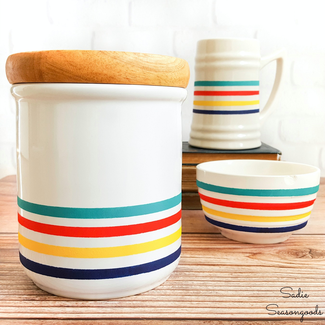 Painting Hudson’s Bay Stripes on Plain White Dishes