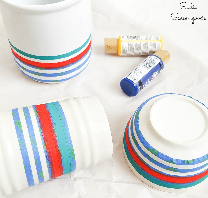 Hudson Bay stripes on ceramic dishes for lodge decor