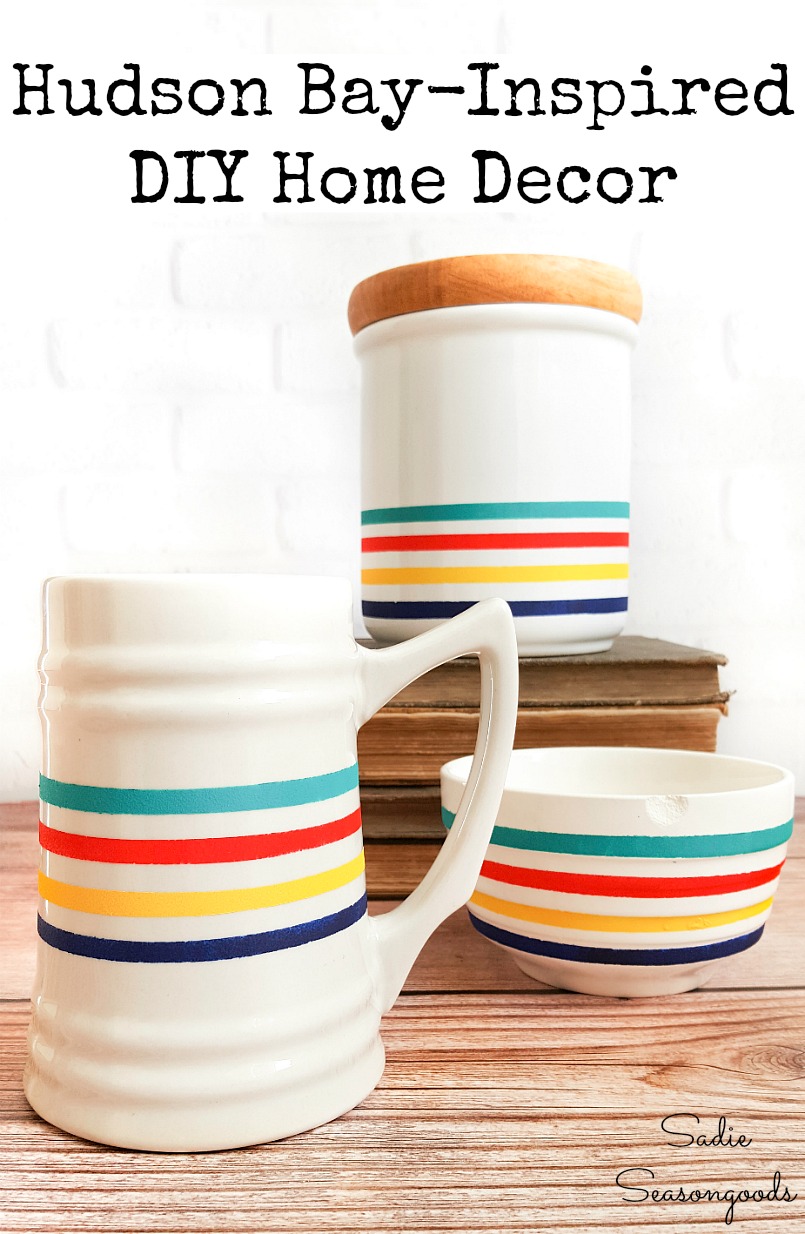 Lodge decor by painting the Hudson Bay stripes on plain white dishes