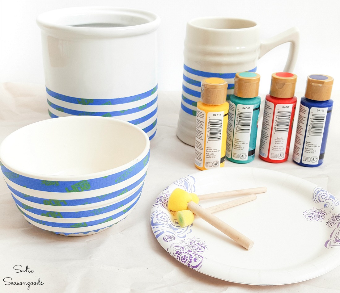 Painting the white dishes with Hudson Bay stripes