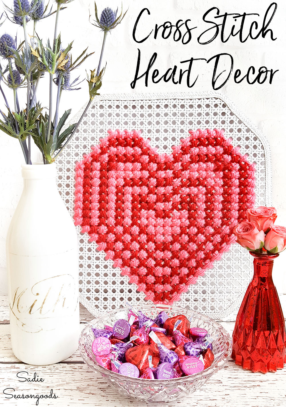 Heart cross stitch on cane webbing