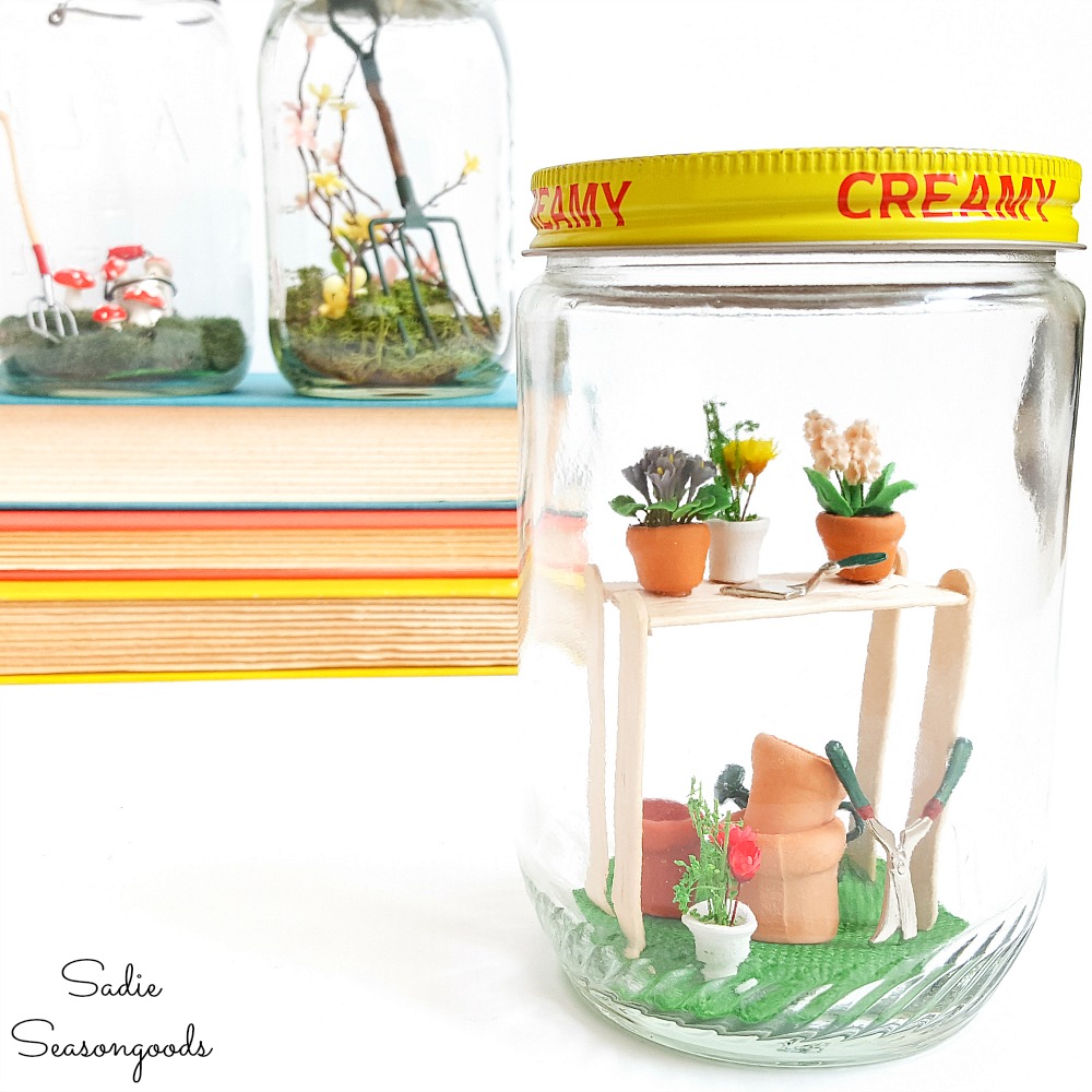 Decorating ideas for Spring with fairy garden accessories in vintage glass jars