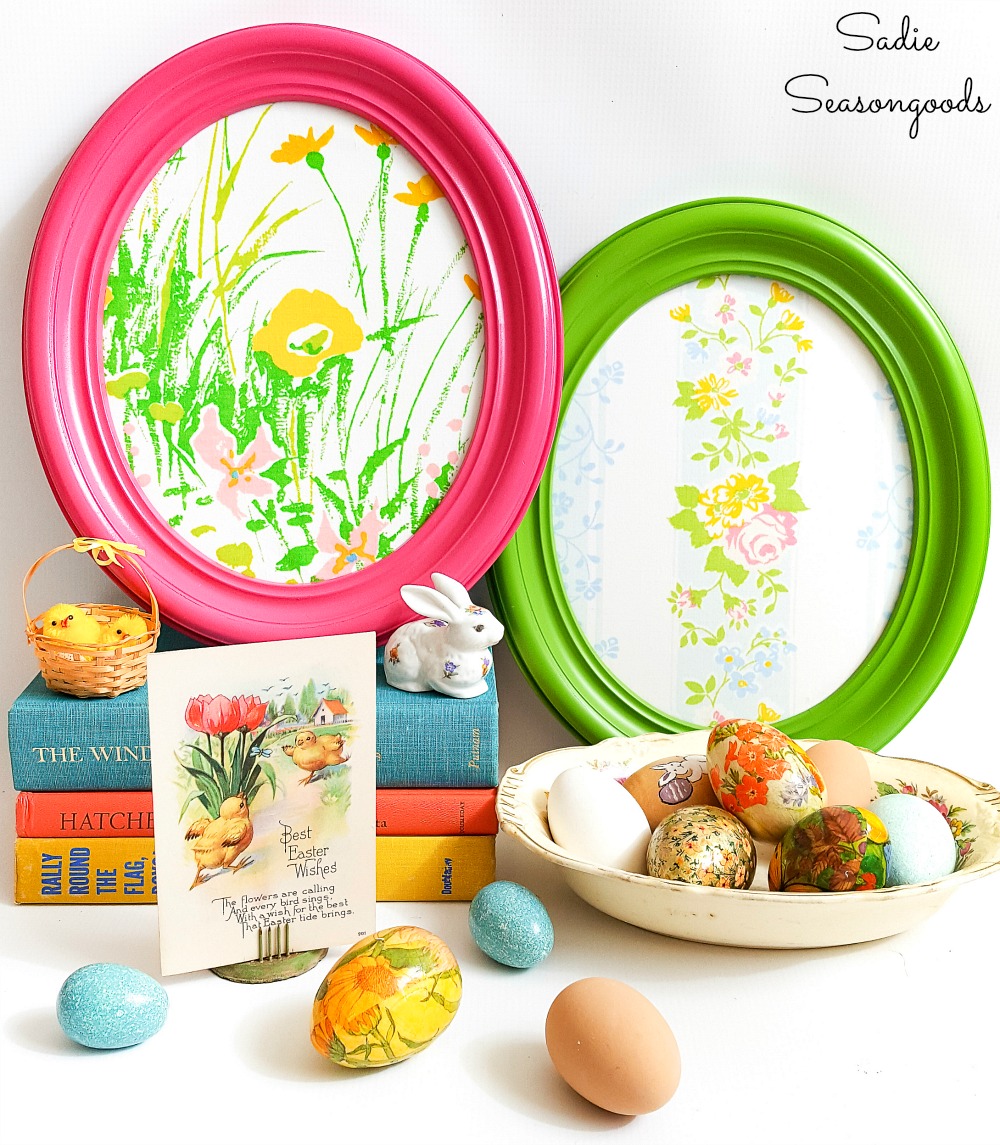 Easter mantel decorations with vintage oval frames that look like the Pysanky eggs