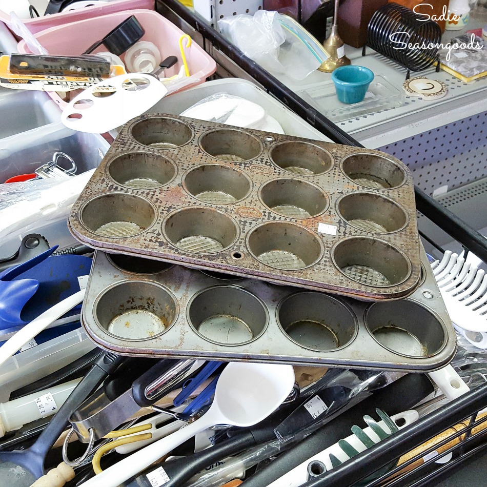 Muffin tins at a thrift store for upcycling into the propagation trays for herb seeds