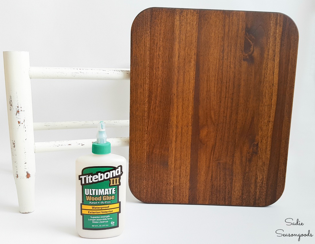 Restoring a small footstool that had a rush seat with a wooden cutting board