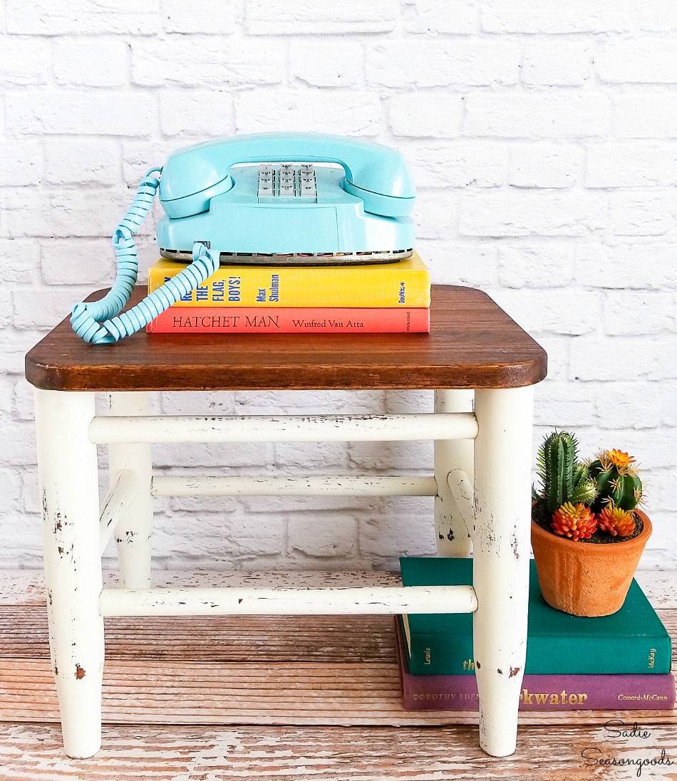 Restoring a vintage footstool as farmhouse furniture with chalked spray paint