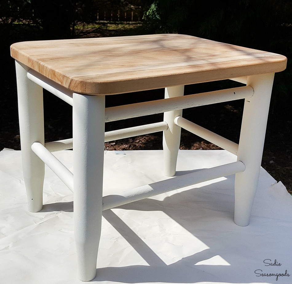 Transforming a wooden footstool into farmhouse furniture with a cutting board