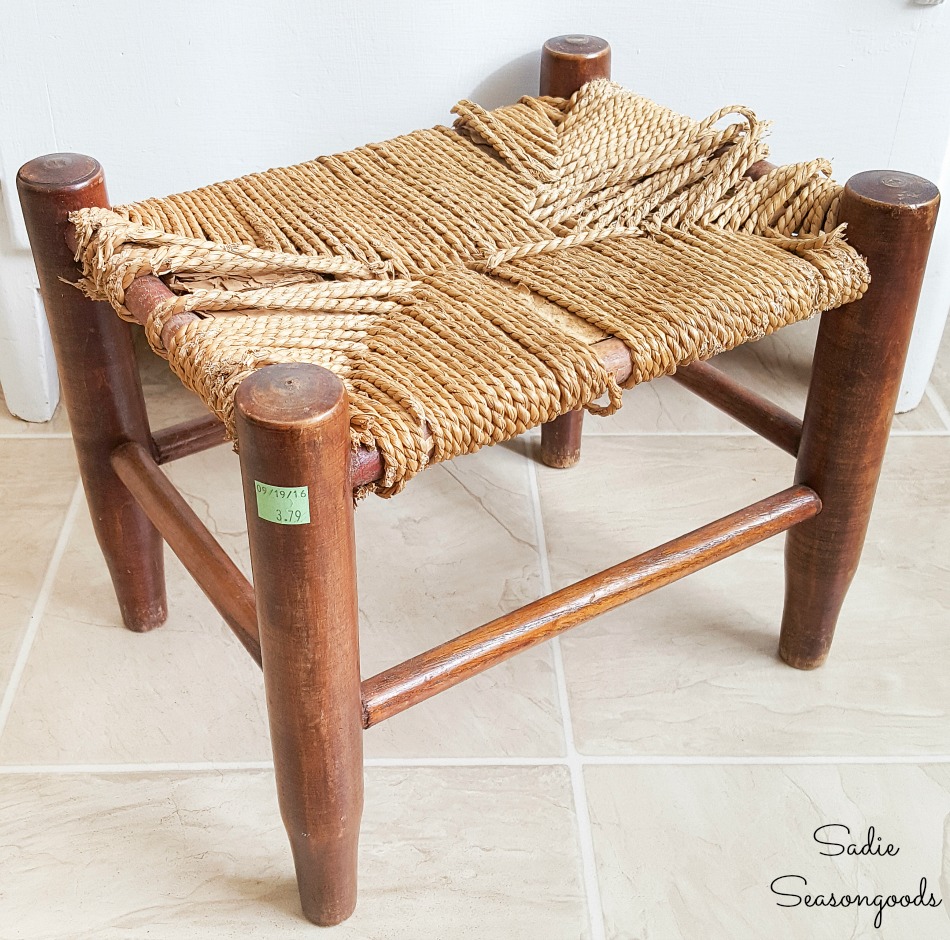 Vintage footstool with a rush seat that needs to be removed