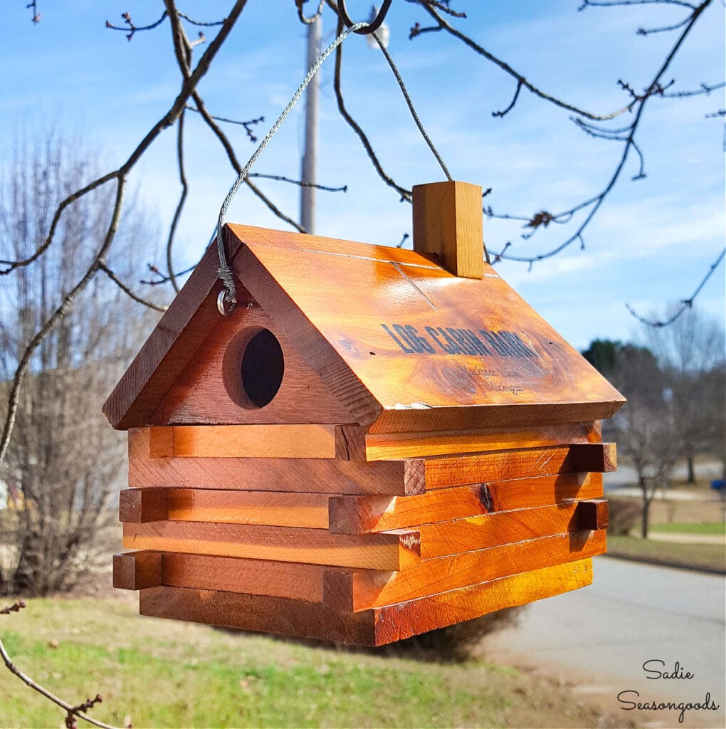Log Cabin Birdhouse from a Vintage Coin Bank for Your Yard