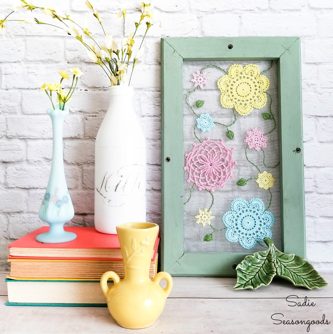 Cottage Style Decor with Vintage Doilies on a Window Screen Frame