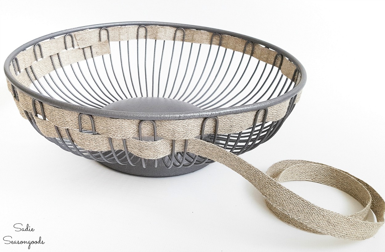 Farmhouse wire basket with burlap ribbon and a bread basket