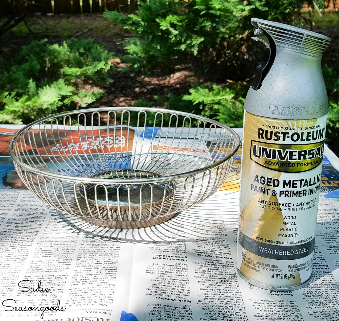 Galvanized spray paint for the bread basket to become a farmhouse wire basket