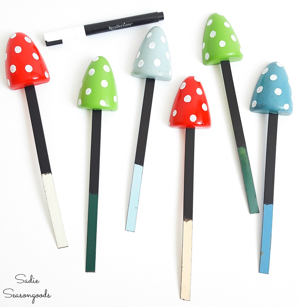 Garden markers that look like the toadstool mushrooms for garden decor