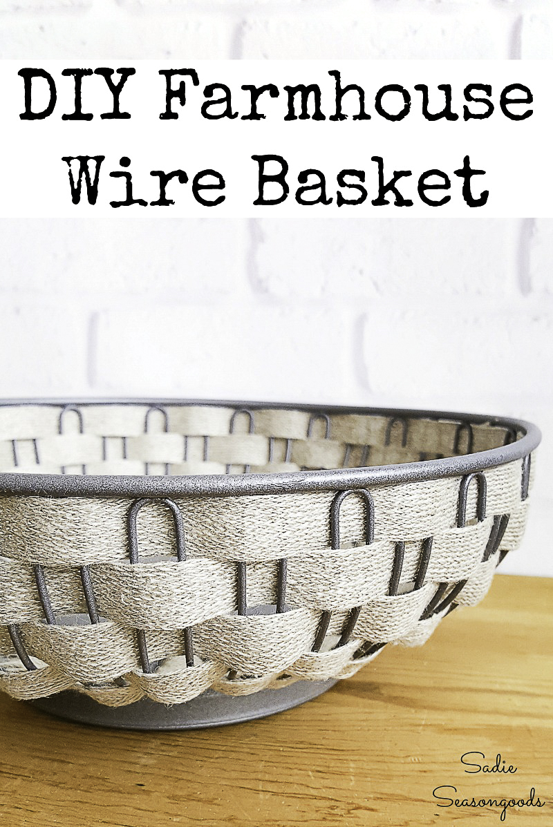Upcycling a bread basket into vintage farmhouse decor with burlap ribbon