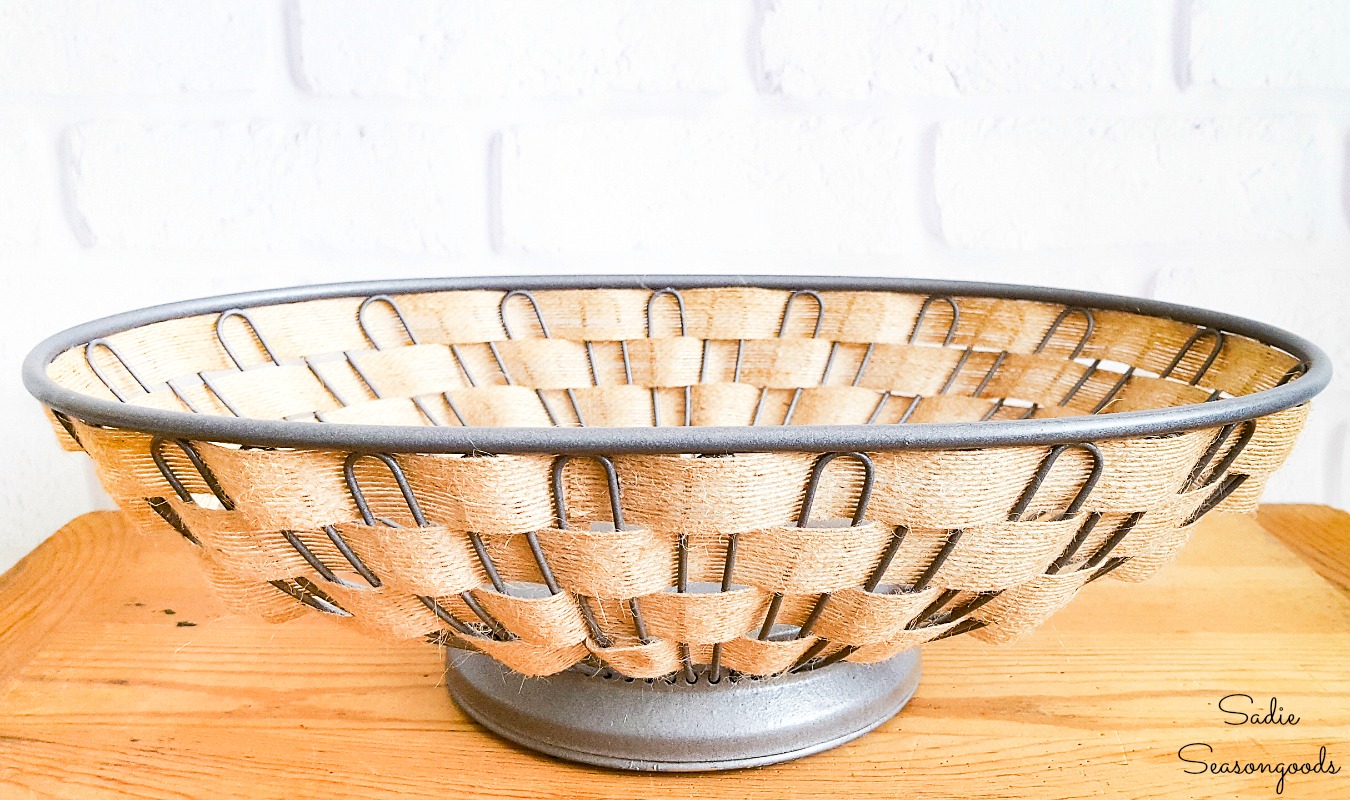 Upcycling a bread basket with galvanized spray paint and farmhouse ribbon