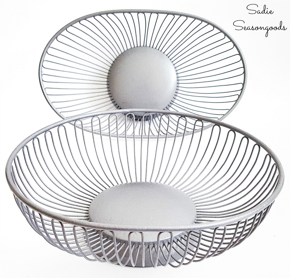 Wire bread baskets that have been painted with Galvanized spray paint
