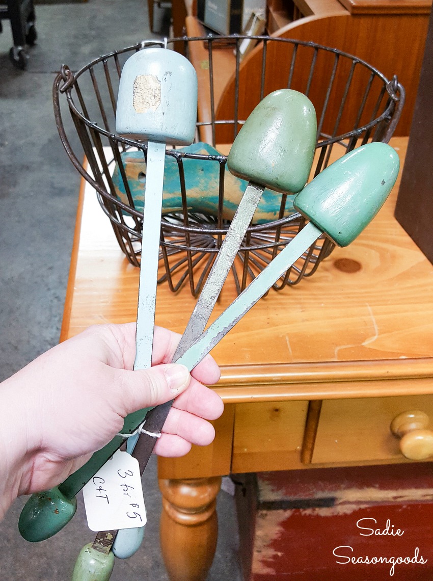 Wooden shoe tree at an antiques store for upcycling as plant markers