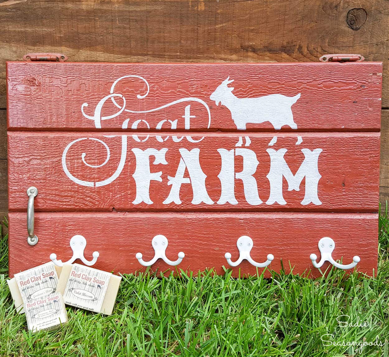 farm sign on an old cabinet door