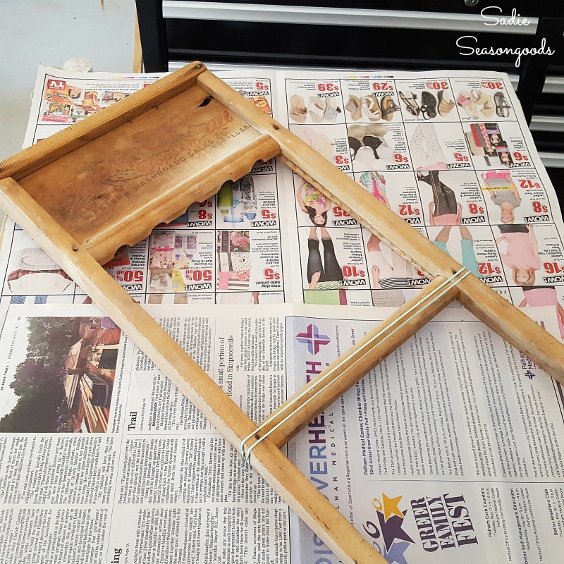 Allowing the plastic wood to dry in an antique washboard that needed to be fixed