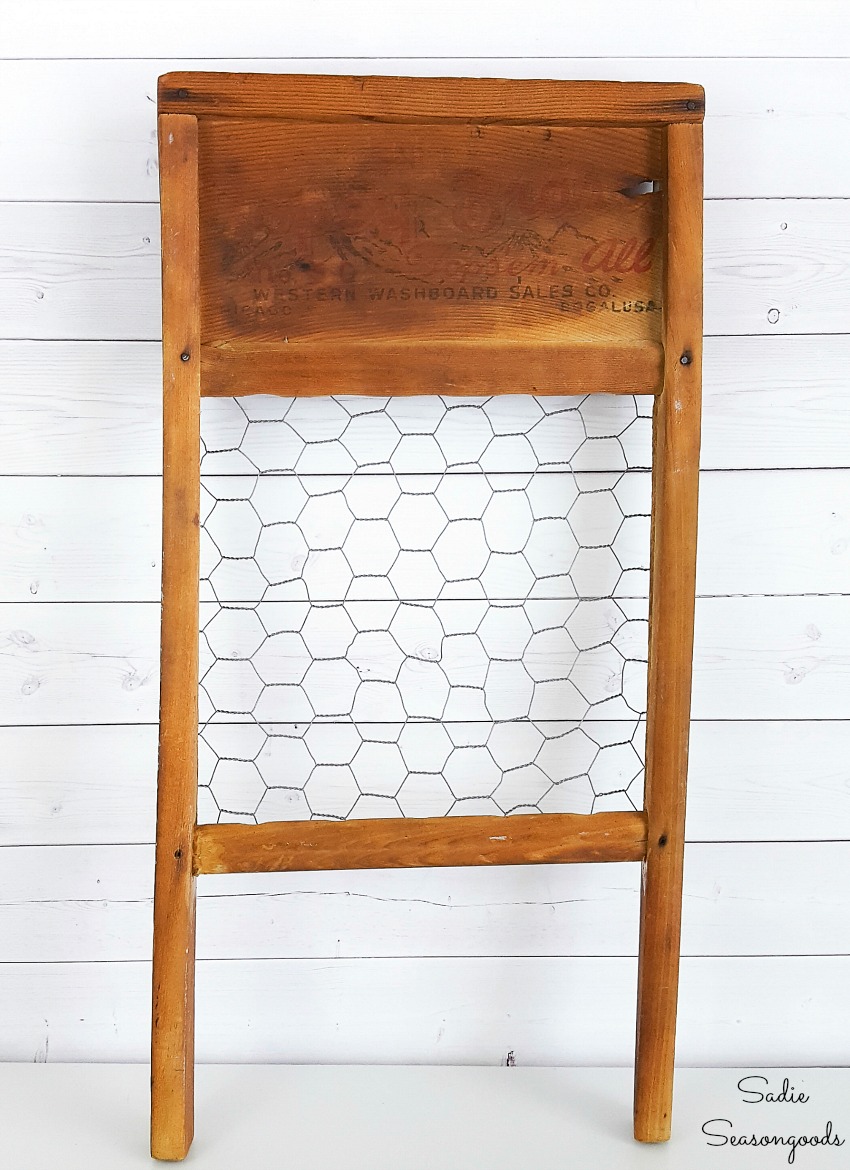 Antique washboard with chicken wire frame for primitive country decor