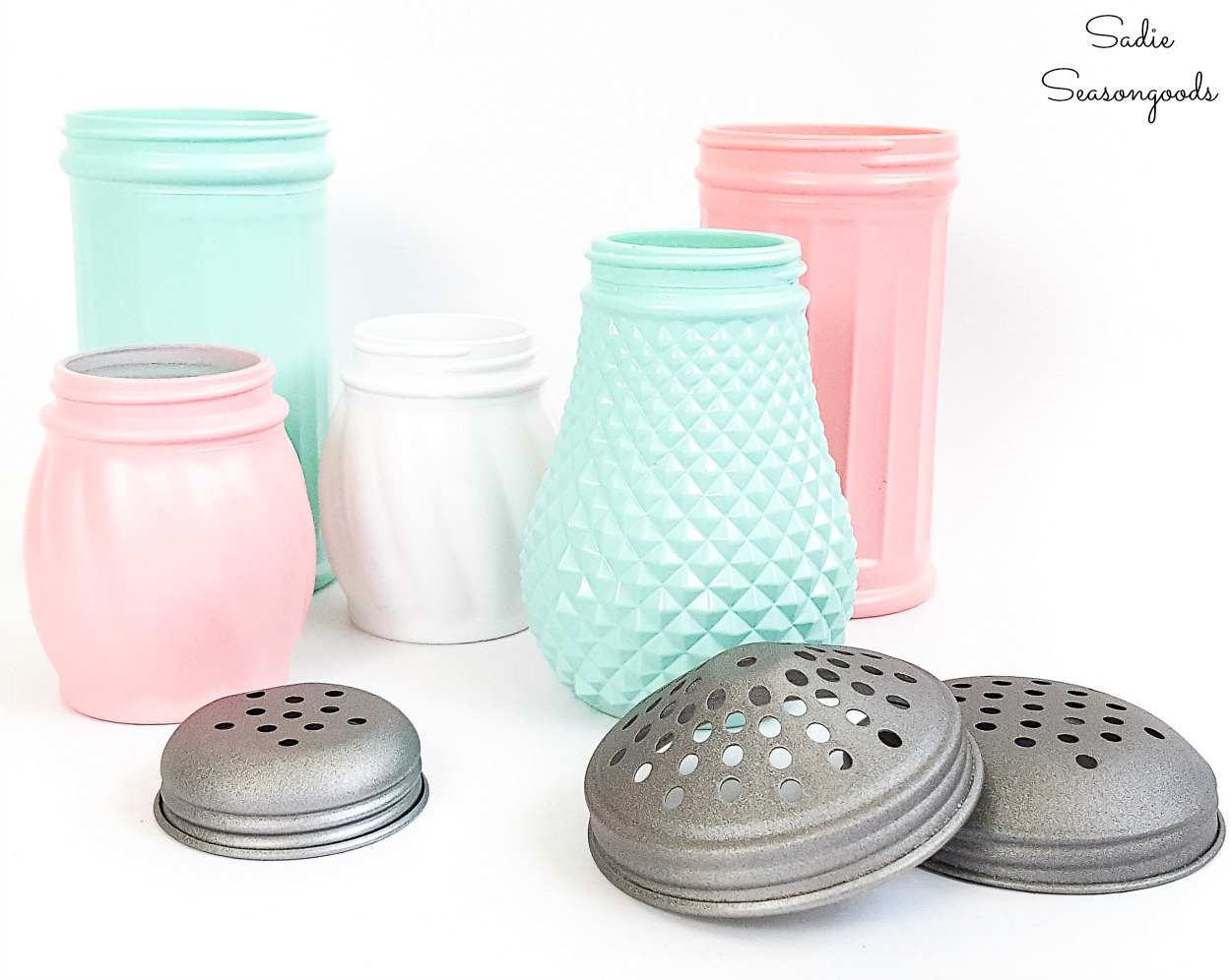 Cheese shakers that look like the pink milk glass and green milk glass