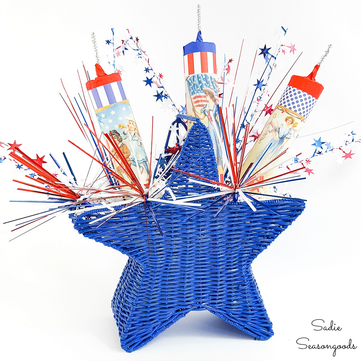 Independence Day decorations in a star basket with fake firecrackers