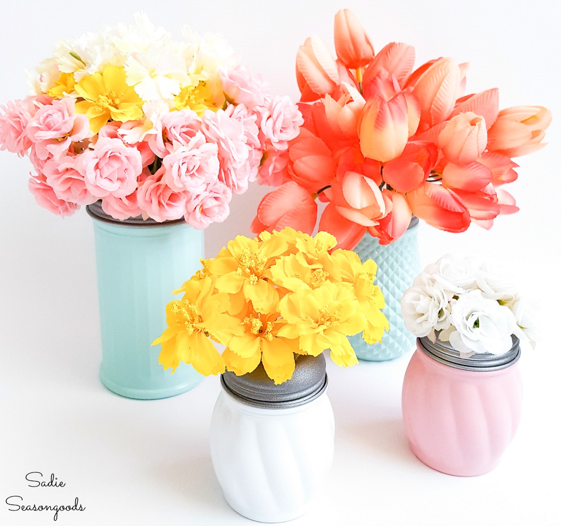 Upcycling the cheese shakers into pink milk glass with a flower frog