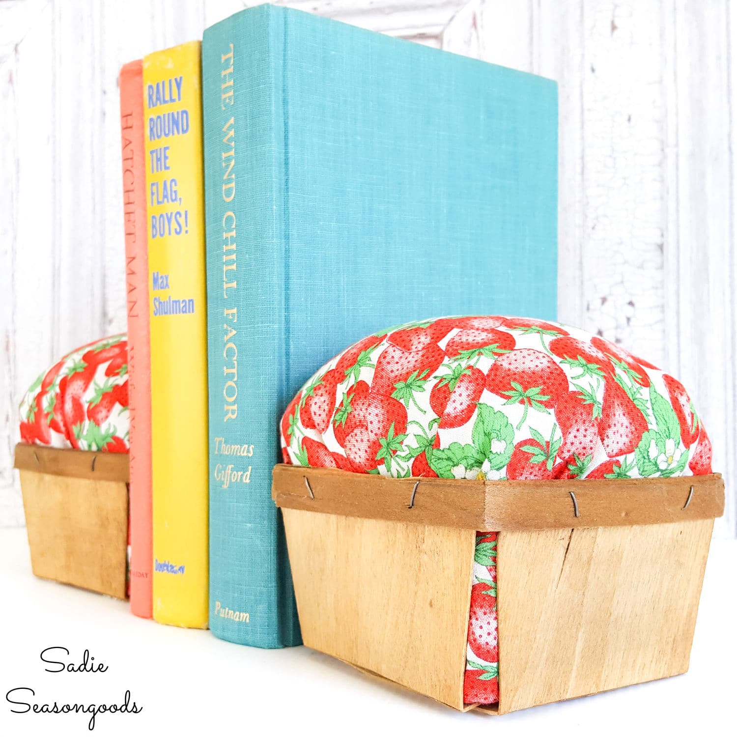 Berry Baskets as Bookends and Strawberry Decor