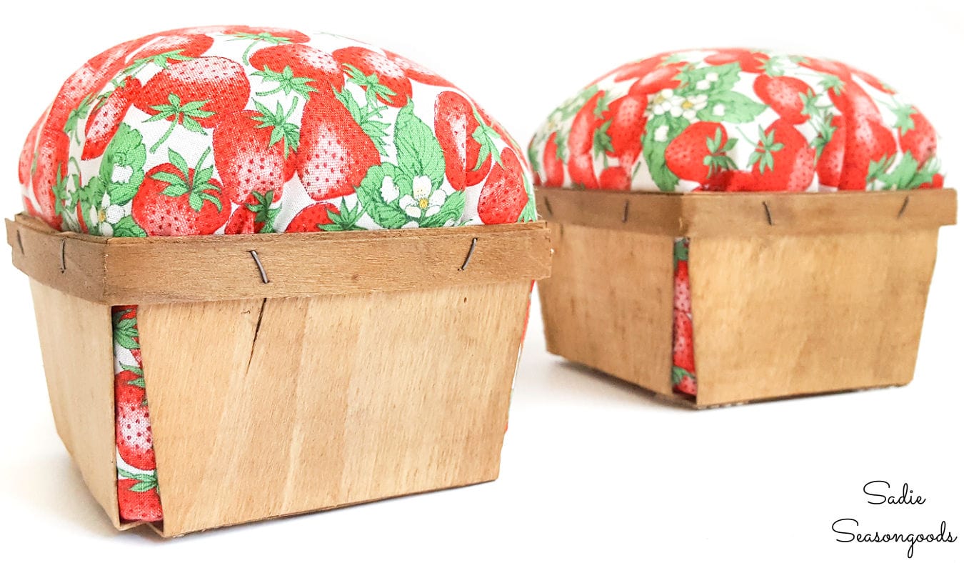 wooden berry baskets as kitchen bookends