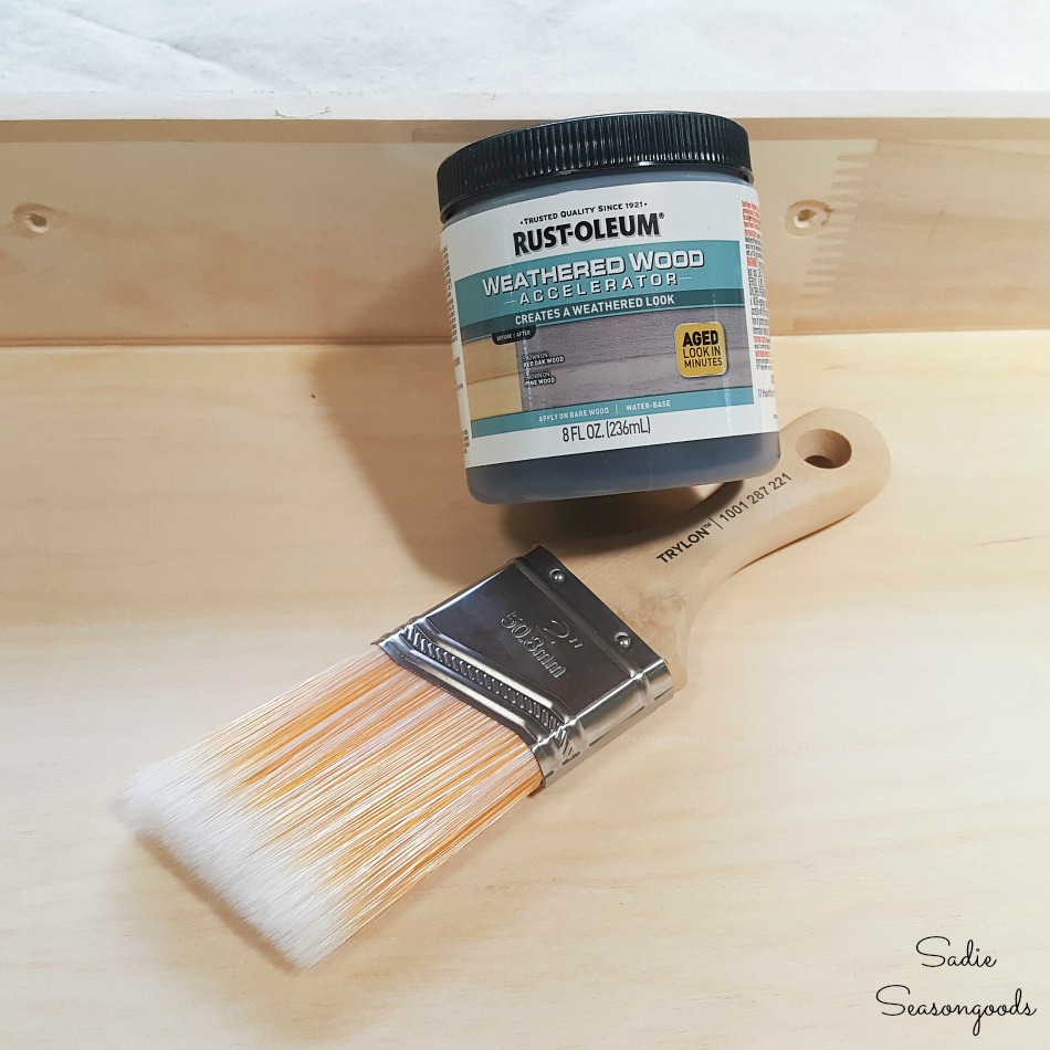 Weathered wood accelerator by Rustoleum on a wooden drawer