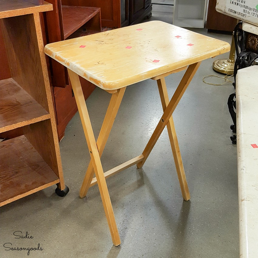 Wooden tray table at a thrift store to become a potting bench