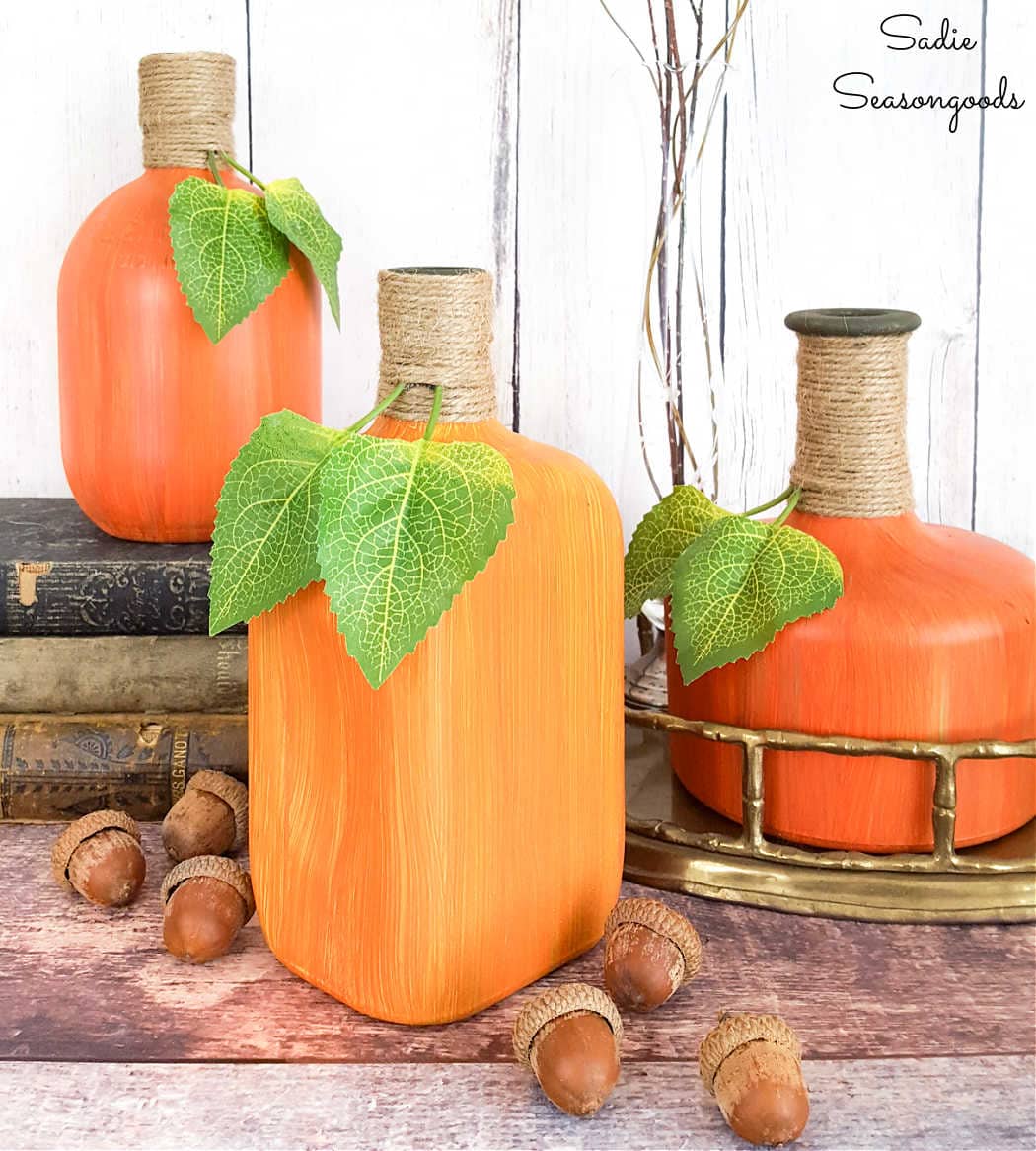 fall pumpkin decor with liquor bottle crafts