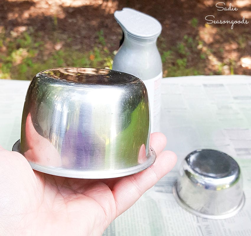 Spray painting the metal cups in a vintage condiment caddy